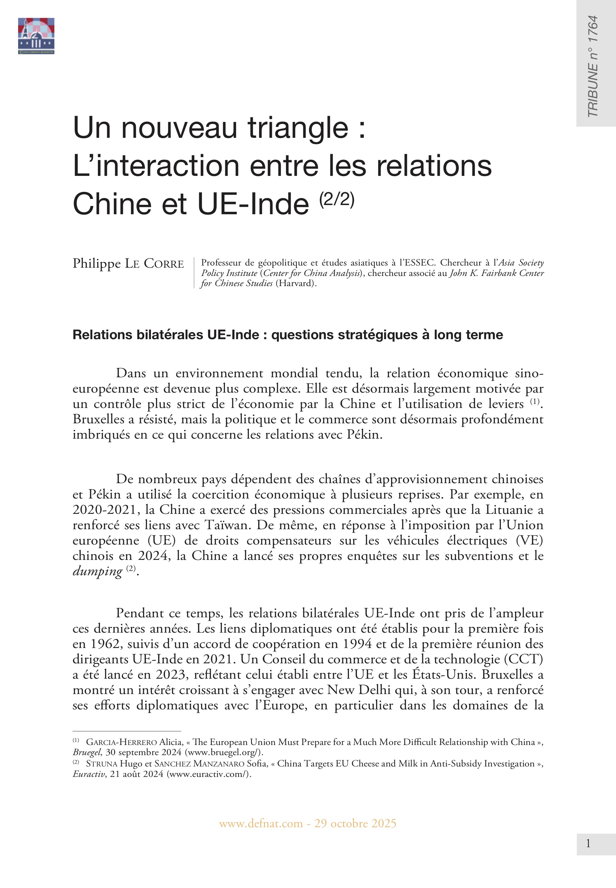 Un nouveau triangle : L’interaction entre les relations Chine et UE-Inde (2/2)
